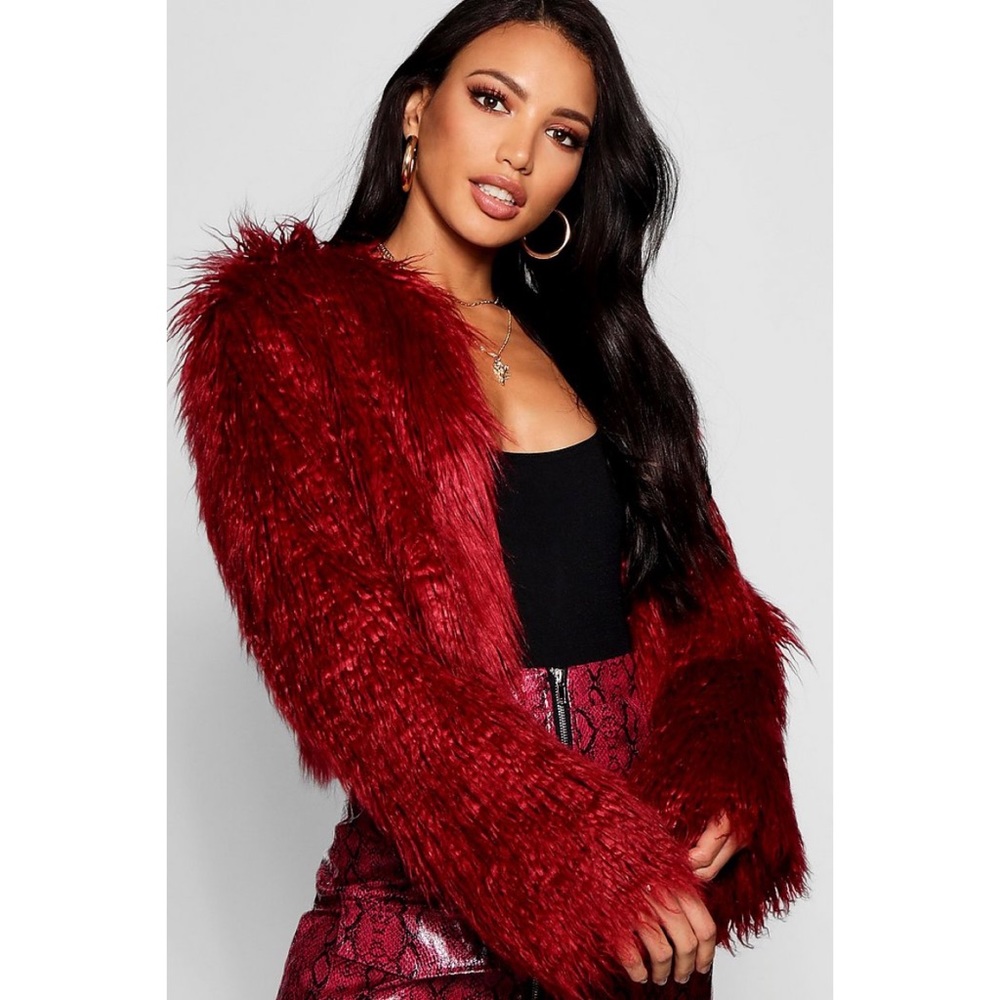 Red Crop Mongolian Faux Fur Coat
